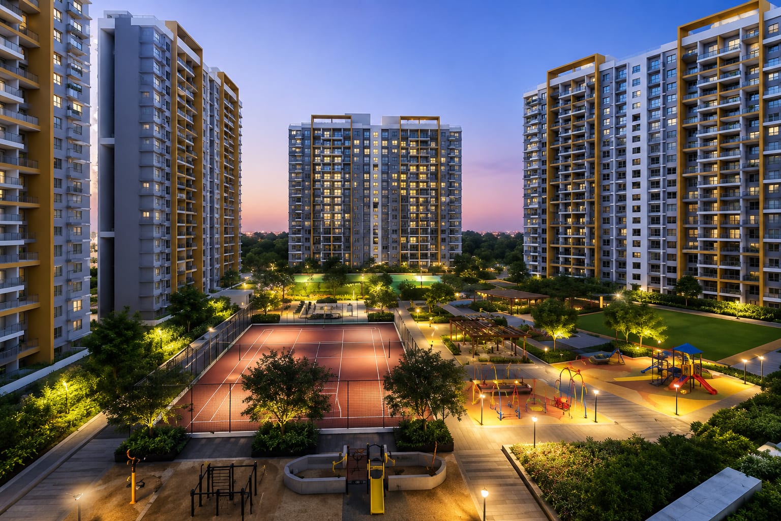 Towers and landscaped courtyard at Little Earth, Pune, at dusk