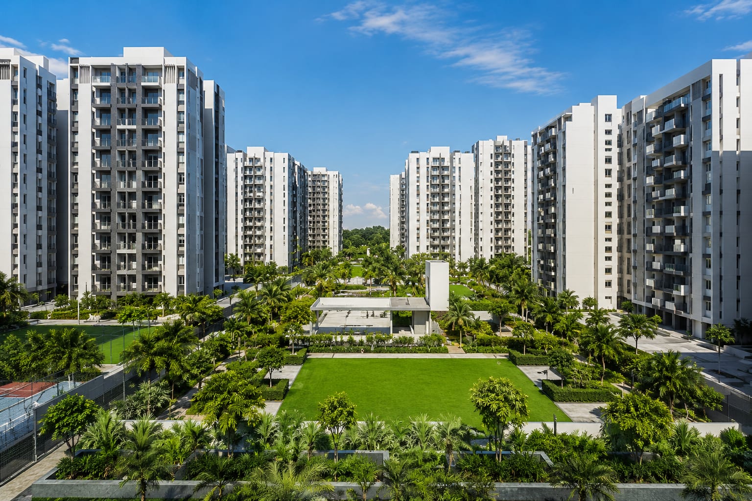 Landscaped courtyard between the towers at Little Earth, Pune